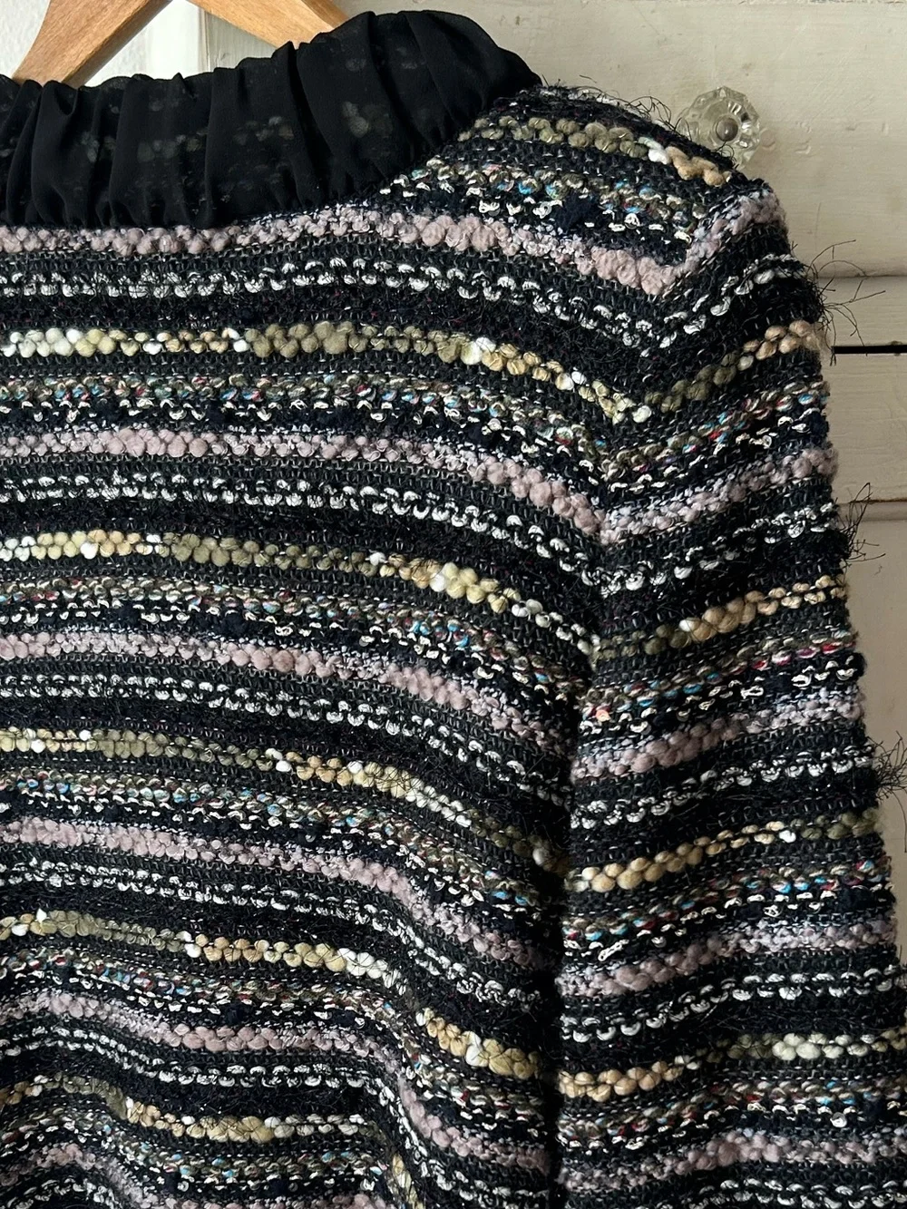 Misook | Women’s Black/Multi Knit Front Clasp Long Sleeve Collarless Blazer Sz S